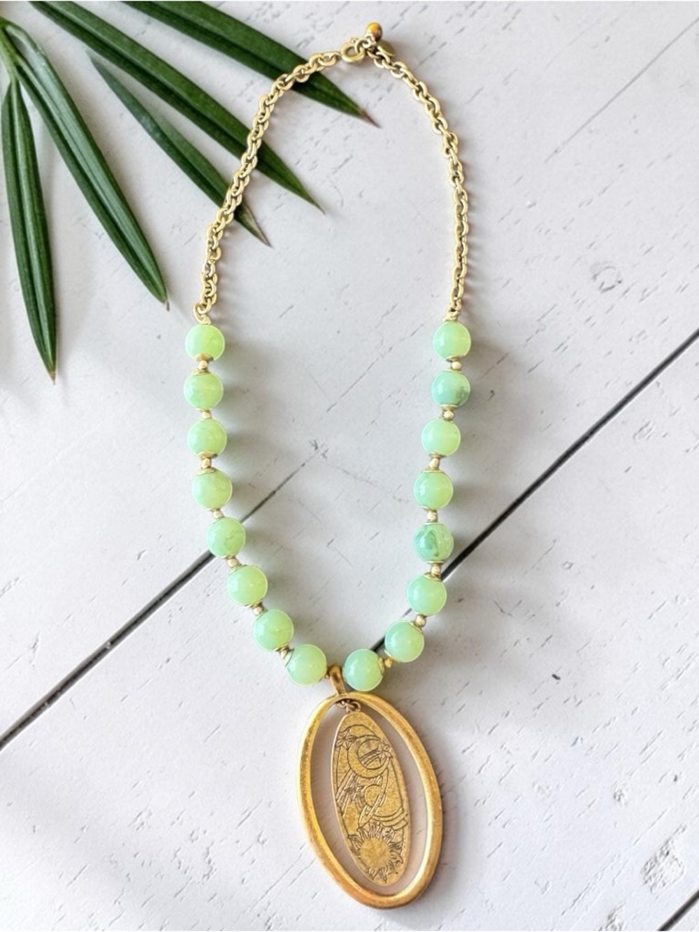 Vintage XC Signed Celestial Sun Moon Stars Necklace Green Beads Boho Astrology